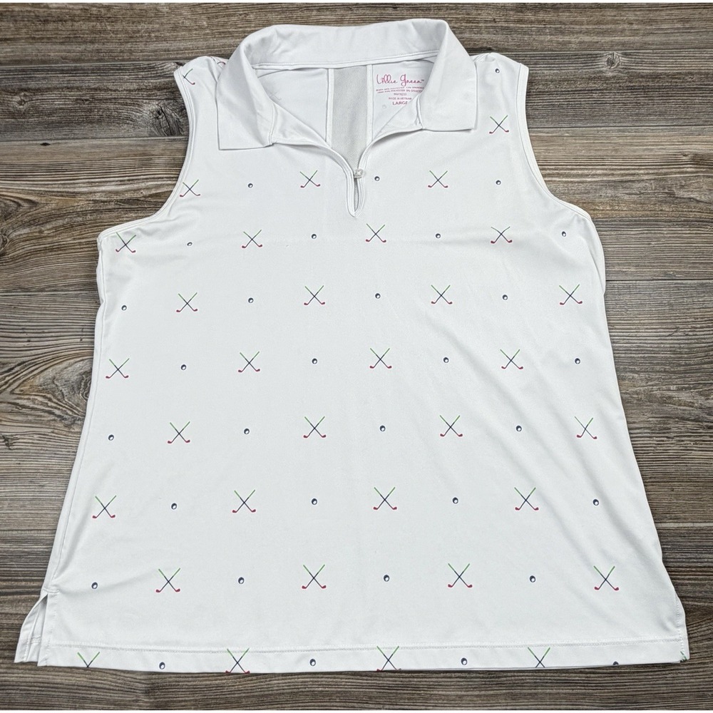 Lillie Green Womens L Sleeveless Golf Polo Shirt Large White Golf Clubs Print